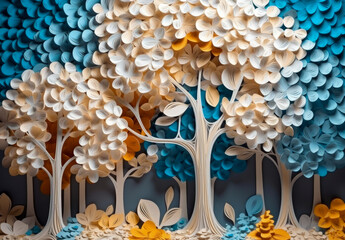 A 3d paper tree sculpture with blue, yellow and white leaves for wall decor. Generative AI