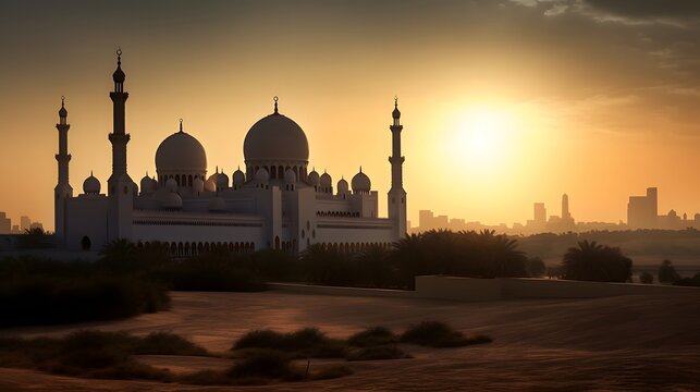 A beautiful mosque in the desert with the sunset for ramadan and eid mubarak background