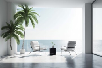 plant interior chair design copy space home indoor floor empty wall window. Generative AI.