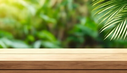 Wooden table top product stand on blur tropical landscape with palm leaves background from Generative AI