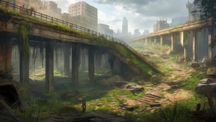 A cityscape featuring a bridge in a post-apocalyptic setting. Generative AI