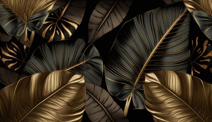 Tropical exotic seamless pattern with dark golden vintage banana leaves, palm and colocasia. Hand-drawn 3D illustration. Good for production wallpapers, cloth, fabric printing,  Generative AI