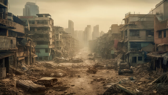 A post-apocalyptic city street filled with rubble and debris. Generative AI