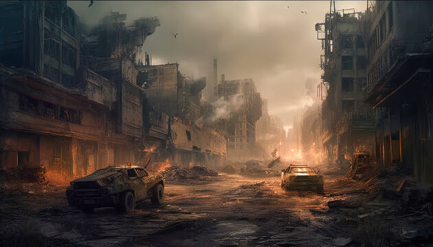 A desolate and rubble-filled city street after a catastrophic event. Generative AI