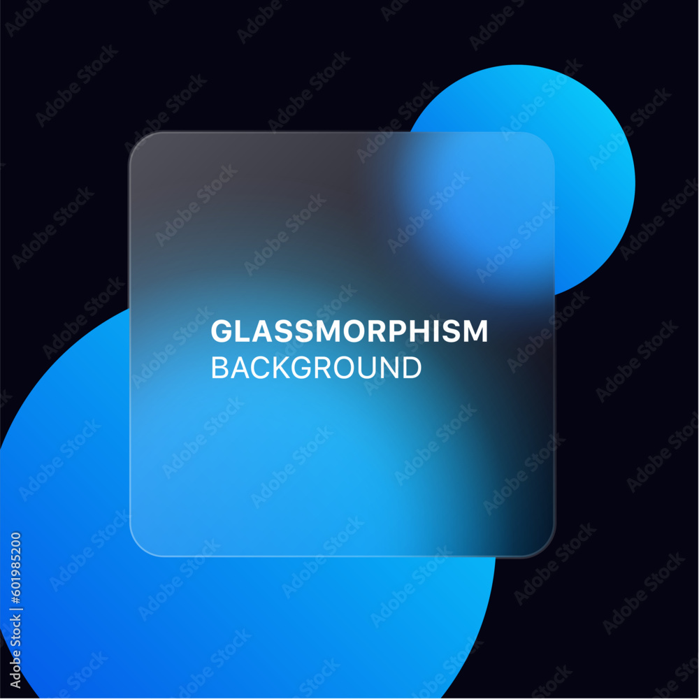 Poster glassmorphism background banner with transparent glass frame template . Realistic Frosted glass morphism effect with blurred abstract gradient blue circle shapes. Vector illustration