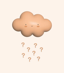 Cute Baby Shower Vector Illustration with Fluffy Smiling Cloud. No Text. 3D Balloon-like Cloud and Rain of Question Marks  isolated on a Light Beige Background.Gender Neutral Colors Baby Shower Print.
