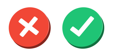check mark icon 3D button set. check box icon with right and wrong buttons and yes or no checkmark icons in green tick box and red cross. 3D vector illustration - obrazy, fototapety, plakaty