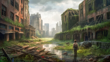 A lone survivor standing amidst the ruins of a post-apocalyptic city. Generative AI