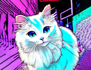 Art in anime style. White fantasy cat in futuristic background