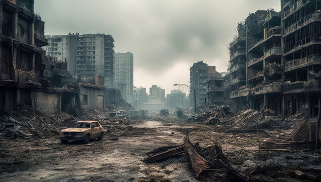 Ruined city ruins due to nuclear war and terror of the apocalypse. Generative AI