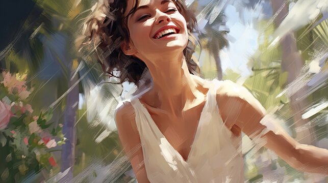 Painting of Happy bride in wedding dress smiling in garden wedding magic realism, Generative AI