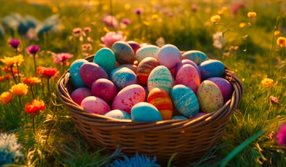 Fototapeta na wymiar a basket full of colorful easter eggs on a field