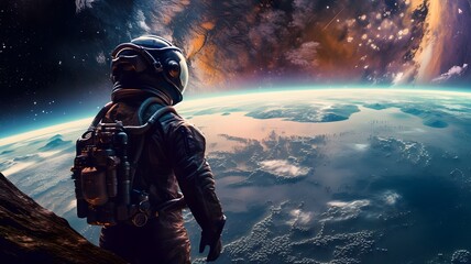 Man in spacesuit looking at earth-Generative AI - obrazy, fototapety, plakaty