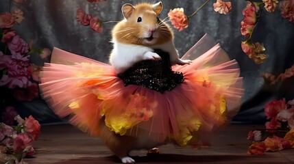 Hamster dancing in tutu skirt. Generative AI