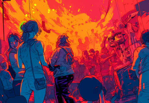Group of people watching live music concert in vibrant color. Generative AI