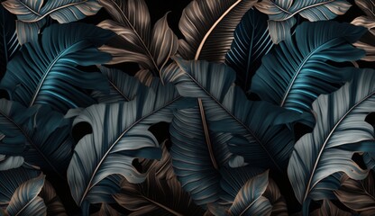 Tropical exotic seamless pattern with dark blue and brown vintage banana leaves, palm and colocasia. Hand-drawn 3D illustration. Good for production wallpapers, cloth, Generative AI