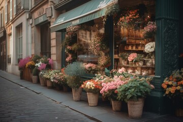 Parisian street lined with flowers and a charming shop. Generative AI