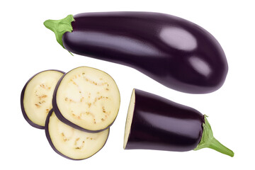 Eggplant or aubergine with slices isolated on white background. Full depth of field. top, view, flat lay