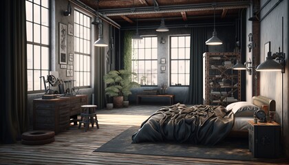 Industrial interior style bedroom with concrete wall, copper pipes and big window with metal frame. Generative AI