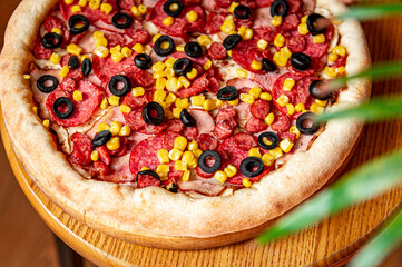 Tasty and big pizza with different types of meat. Pizza with sausage, ham, corn and olives.