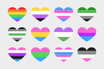 Set of 12 vector hearts in colors of different LGBTQ+ flag colors. Tolerance, pride month, non-binary. Bisexual, gender fluid, gender queer, etc.