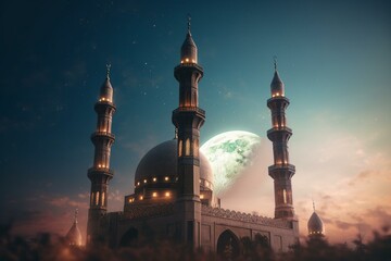 Fototapeta na wymiar Vertical banner design for Ramadan Kareem with mosque and crescent moon. Generative AI
