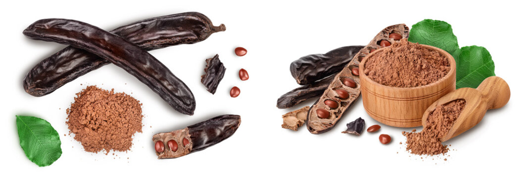 Carob pod and powder isolated on white background with full depth of field. Top view. Flat lay