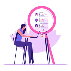 Businesswoman or manager at the table. A laptop employs a hiring and recruiting specialist. The concept of finding people to work, view vacancies and resumes