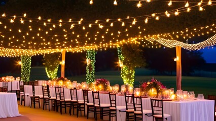 Bohemian, rustic event venue at dusk with hanging lights - 1