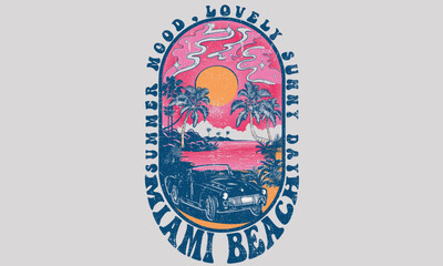 Beach vibes miami summer typo graphic gradient beach t shirt print design. Lovely beach graphic print design for t shirt print, poster, sticker, background and other uses. 