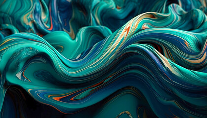 An abstract painting with blue and orange colors blending together in a liquid-like motion. Generative AI