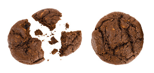 chocolate cookies broken isolated on white background with full depth of field. Top view. Flat lay