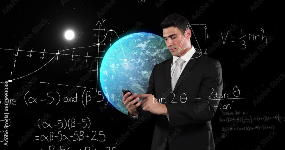 Aufkleber animation of caucasian businessman using smartphone over globe and data processing