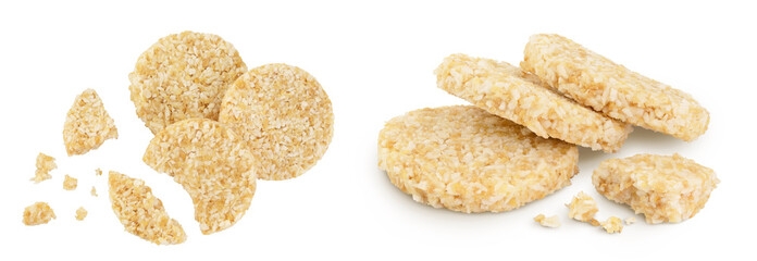 coconut cookies with white flax seeds and honey isolated on white background. Healthy food. Top view. Flat lay