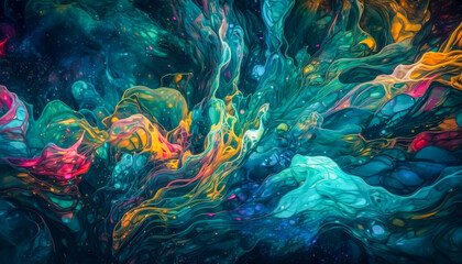 An abstract painting with flowing liquid shapes and vibrant colors. Generative AI