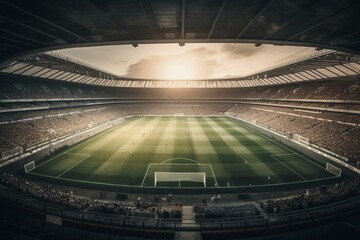 Fototapeta na wymiar Panoramic view of a soccer stadium during a match. Generative AI