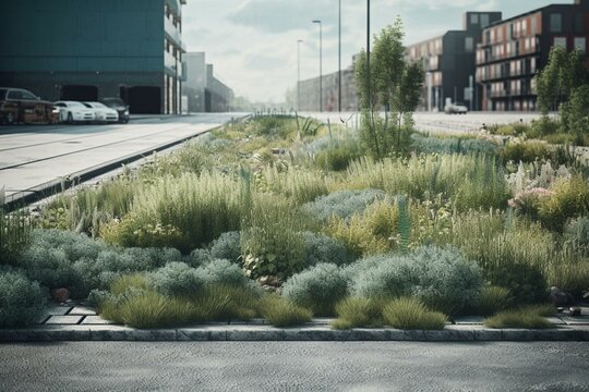 Illustration of green infrastructure by the pavement. Generative AI
