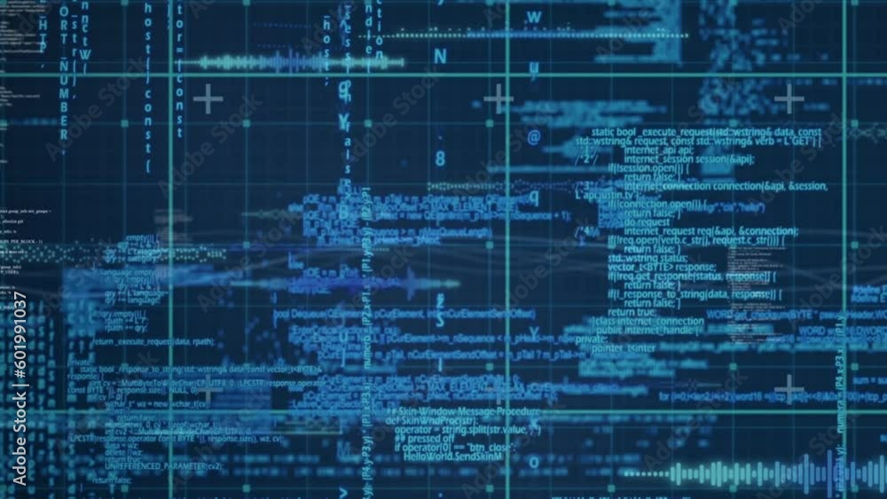 Poster animation of data processing over grid network against blue background