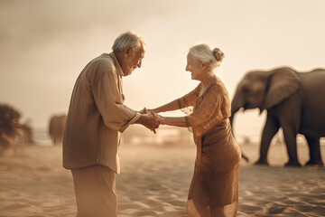 An elderly couple standing on a beach, lost in memories of their youth. Generative AI