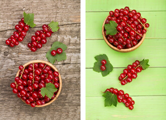 Red currant berries in a wooden bowl with leaf on the old wooden background. Top view