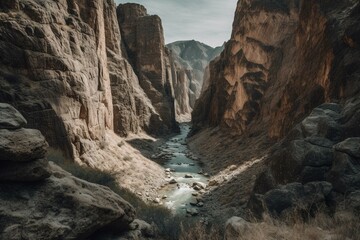 Fototapeta na wymiar View from above a frigid river running through a white cliff canyon. Keywords: Canyon, River, View, Cliff, Underground, Mountains, Cold, Nature, Adventure, Exploration. Generative AI