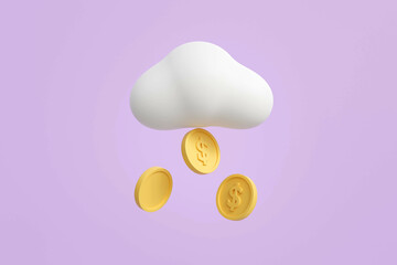 3D Cloud with coins dollar icon on isolate purple background.Money Saving icon concept.Symbol of investment,savings and business.money management.Saving and money growth concept.3D render