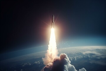 Rocket departs planet's atmosphere. 3D render. Generative AI