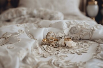 Fototapeta na wymiar Wedding accessories on white satin bed cover. Generative AI