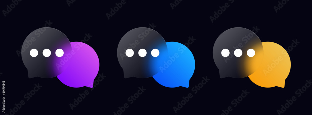 Poster Two speech bubbles icon in glassmorphism background banner with transparent glass frame template . Chat dialog boxes in realistic frosted glass morphism style with blurred gradient blue circle. Vector