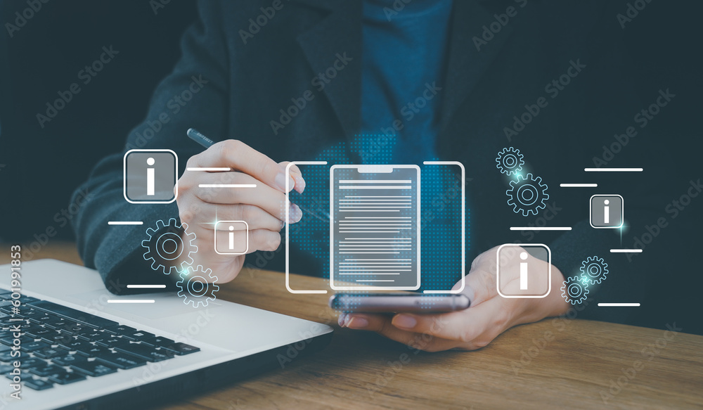 Poster document management system (dms) being setup by it consultant working on laptop, online folder stora