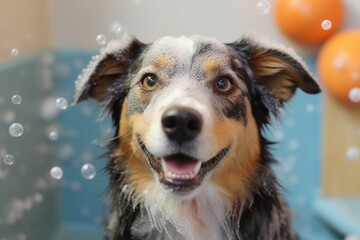 Cute dog taking bath with soap bubbles. AI Generated