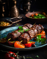 Appetitive Grilled meat shashlik, shish kebab with vegetables on wooden board. Good food.