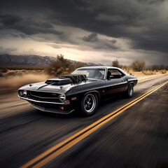 American muscle car driving on street