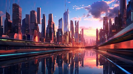 Futuristic Cityscape, A city skyline of the future with sleek, shiny buildings. Reflect the bustling metropolis in a water body below.
